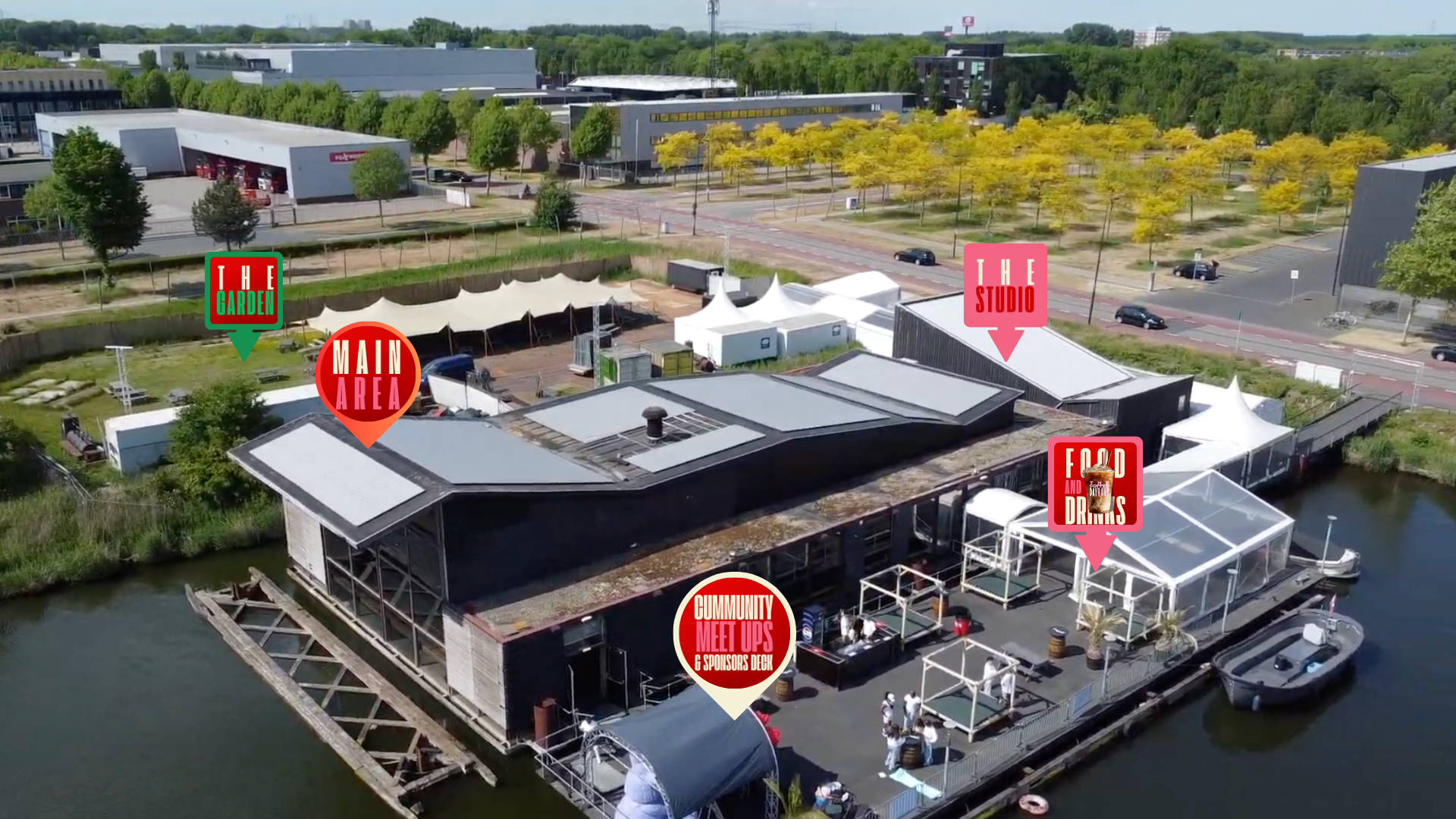 The Day Rave venue map at IJland Amsterdam Noord — Main Stage, The Garden (cold plunge & sauna), The Studio (Pilates & Booty & Core), Water Terrace and Community Deck